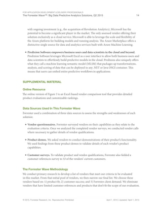 For Application Development & Delivery Professionals
The Forrester Wave™: Big Data Predictive Analytics Solutions, Q2 2015 14
© 2015, Forrester Research, Inc. Reproduction Prohibited April 1, 2015 | Updated: April 1, 2015
with ongoing investment (e.g., the acquisition of Revolution Analytics), Microsoft has the
potential to become a significant player in the market. The only assessed vendor offering their
solution exclusively as a cloud service, Microsoft is able to leverage the scale and flexibility of
the Azure platform for building models and running analysis. The Azure Marketplace offers a
distinctive single source for data and analytics services built with Azure Machine Learning.
■	Predixion Software empowers business users and data scientists in the cloud and beyond.
Predixion Software leverages Microsoft Excel as a user interface to allow both business users and
data scientists to effortlessly build predictive models in the cloud. Predixion also uniquely offers
what they call a machine learning semantic model (MLSM) that packages up transformations,
analysis, and scoring of data that can be deployed in any .NET or Java OSGI container. This
means that users can embed entire predictive workflows in applications.
Supplemental Material
Online Resource
The online version of Figure 3 is an Excel-based vendor comparison tool that provides detailed
product evaluations and customizable rankings.
Data Sources Used In This Forrester Wave
Forrester used a combination of three data sources to assess the strengths and weaknesses of each
solution:
■	Vendor questionnaires. Forrester surveyed vendors on their capabilities as they relate to the
evaluation criteria. Once we analyzed the completed vendor surveys, we conducted vendor calls
where necessary to gather details of vendor qualifications.
■	Product demos. We asked vendors to conduct demonstrations of their product’s functionality.
We used findings from these product demos to validate details of each vendor’s product
capabilities.
■	Customer surveys. To validate product and vendor qualifications, Forrester also fielded a
customer references survey to 32 of the vendors’ current customers.
The Forrester Wave Methodology
We conduct primary research to develop a list of vendors that meet our criteria to be evaluated
in this market. From that initial pool of vendors, we then narrow our final list. We choose these
vendors based on: 1) product fit; 2) customer success; and 3) Forrester client demand. We eliminate
vendors that have limited customer references and products that don’t fit the scope of our evaluation.
 
