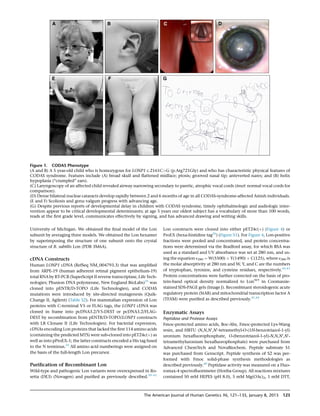 University of Michigan. We obtained the ﬁnal model of the Lon
subunit by averaging three models. We obtained the Lon hexamer
by superimposing the structure of one subunit onto the crystal
structure of B. subtilis Lon (PDB 3M6A).
cDNA Constructs
Human LONP1 cDNA (RefSeq NM_004793.3) that was ampliﬁed
from ARPE-19 (human adherent retinal pigment epithelium-19)
total RNA by RT-PCR (SuperScript II reverse transcriptase, Life Tech-
nologies; Phusion DNA polymerase, New England BioLabs)35
was
cloned into pENTR/D-TOPO (Life Technologies), and CODAS
mutations were introduced by site-directed mutagenesis (Quik-
Change II, Agilent) (Table S2). For mammalian expression of Lon
proteins with C-terminal V5 or FLAG tags, the LONP1 cDNA was
cloned in frame into pcDNA3.2/V5-DEST or pcDNA3.2/FLAG-
DEST by recombination from pENTR/D-TOPO/LONP1 constructs
with LR Clonase II (Life Technologies). For bacterial expression,
cDNAs encoding Lon proteins that lacked the ﬁrst 114 amino acids
(containing the predicted MTS) were sub-cloned into pET24c(þ) as
well as into pProEX-1; the latter constructs encoded a His tag fused
to the N terminus.25
All amino acid numberings were assigned on
the basis of the full-length Lon precursor.
Puriﬁcation of Recombinant Lon
Wild-type and pathogenic Lon variants were overexpressed in Ro-
setta (DE3) (Novagen) and puriﬁed as previously described.39–41
Lon constructs were cloned into either pET24c(þ) (Figure 4) or
ProEX (hexa-histidine tag26
) (Figure S1). For Figure 4, Lon-positive
fractions were pooled and concentrated, and protein concentra-
tions were determined via the Bradford assay, for which BSA was
used as a standard and UV absorbance was set at 280 nm, and us-
ing the equation ε280 ¼ W(5500) þ Y(1490) þ C(125), where ε280 is
the molar absorptivity at 280 nm and W, Y, and C are the numbers
of tryptophan, tyrosine, and cysteine residues, respectively.42,43
Protein concentrations were further corrected on the basis of pro-
tein-band optical density normalized to LonWT
in Coomassie-
stained SDS-PAGE gels (Image J). Recombinant steroidogenic acute
regulatory protein (StAR) and mitochondrial transcription factor A
(TFAM) were puriﬁed as described previously.41,44
Enzymatic Assays
Peptidase and Protease Assays
Fmoc-protected amino acids, Boc-Abz, Fmoc-protected Lys-Wang
resin, and HBTU (N,N,N0
,N0
-tetramethyl-O-(1H-benzotriazol-1-yl)
uronium hexaﬂuorophosphate, O-(benzotriazol-1-yl)-N,N,N0
,N0
-
tetramethyluronium hexaﬂuorophosphate) were purchased from
Advanced ChemTech and NovaBiochem. Peptide substrate S1
was purchased from Genscript. Peptide synthesis of S2 was per-
formed with Fmoc solid-phase synthesis methodologies as
described previously.40
Peptidase activity was measured on a Fluo-
romax-4 spectroﬂuorimeter (Horiba Group). All reactions mixtures
contained 50 mM HEPES (pH 8.0), 5 mM Mg(OAc)2, 1 mM DTT,
Figure 1. CODAS Phenotype
(A and B) A 5 year-old child who is homozygous for LONP1 c.2161C>G (p.Arg721Gly) and who has characteristic physical features of
CODAS syndrome. Features include (A) broad skull and ﬂattened midface; ptosis; grooved nasal tip; anteverted nares; and (B) helix
hypoplasia (‘‘crumpled’’ ears).
(C) Laryngoscopy of an affected child revealed airway narrowing secondary to paretic, atrophic vocal cords (inset: normal vocal cords for
comparison).
(D) Dense bilateral nuclear cataracts develop rapidly between 2 and 6 months of age in all CODAS-syndrome-affected Amish individuals.
(E and F) Scoliosis and genu valgum progress with advancing age.
(G) Despite previous reports of developmental delay in children with CODAS syndrome, timely ophthalmologic and audiologic inter-
vention appear to be critical developmental determinants; at age 5 years our oldest subject has a vocabulary of more than 100 words,
reads at the ﬁrst grade level, communicates effectively by signing, and has advanced drawing and writing skills.
The American Journal of Human Genetics 96, 121–135, January 8, 2015 123
 