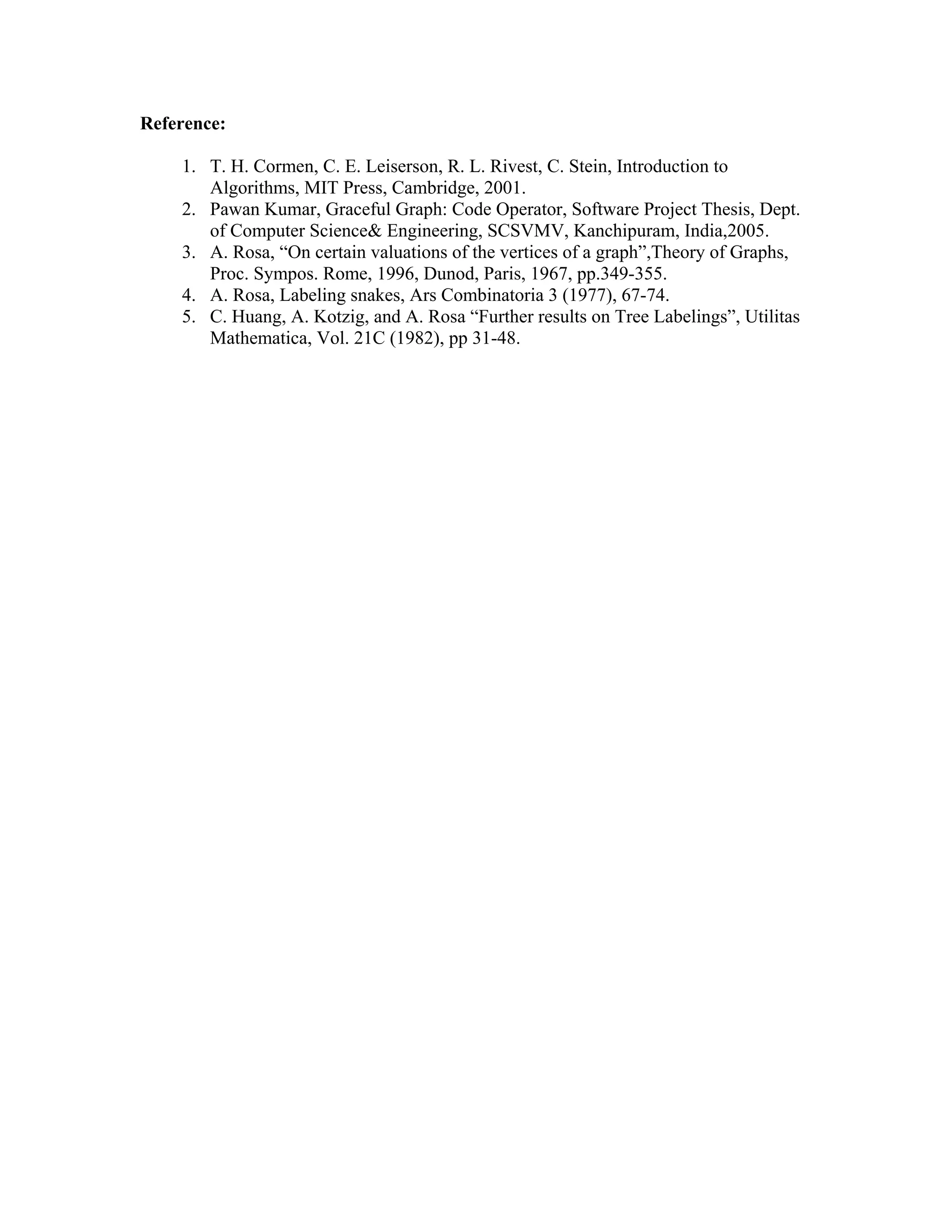 Reference:
1. T. H. Cormen, C. E. Leiserson, R. L. Rivest, C. Stein, Introduction to
Algorithms, MIT Press, Cambridge, 2001.
2. Pawan Kumar, Graceful Graph: Code Operator, Software Project Thesis, Dept.
of Computer Science& Engineering, SCSVMV, Kanchipuram, India,2005.
3. A. Rosa, “On certain valuations of the vertices of a graph”,Theory of Graphs,
Proc. Sympos. Rome, 1996, Dunod, Paris, 1967, pp.349-355.
4. A. Rosa, Labeling snakes, Ars Combinatoria 3 (1977), 67-74.
5. C. Huang, A. Kotzig, and A. Rosa “Further results on Tree Labelings”, Utilitas
Mathematica, Vol. 21C (1982), pp 31-48.
 