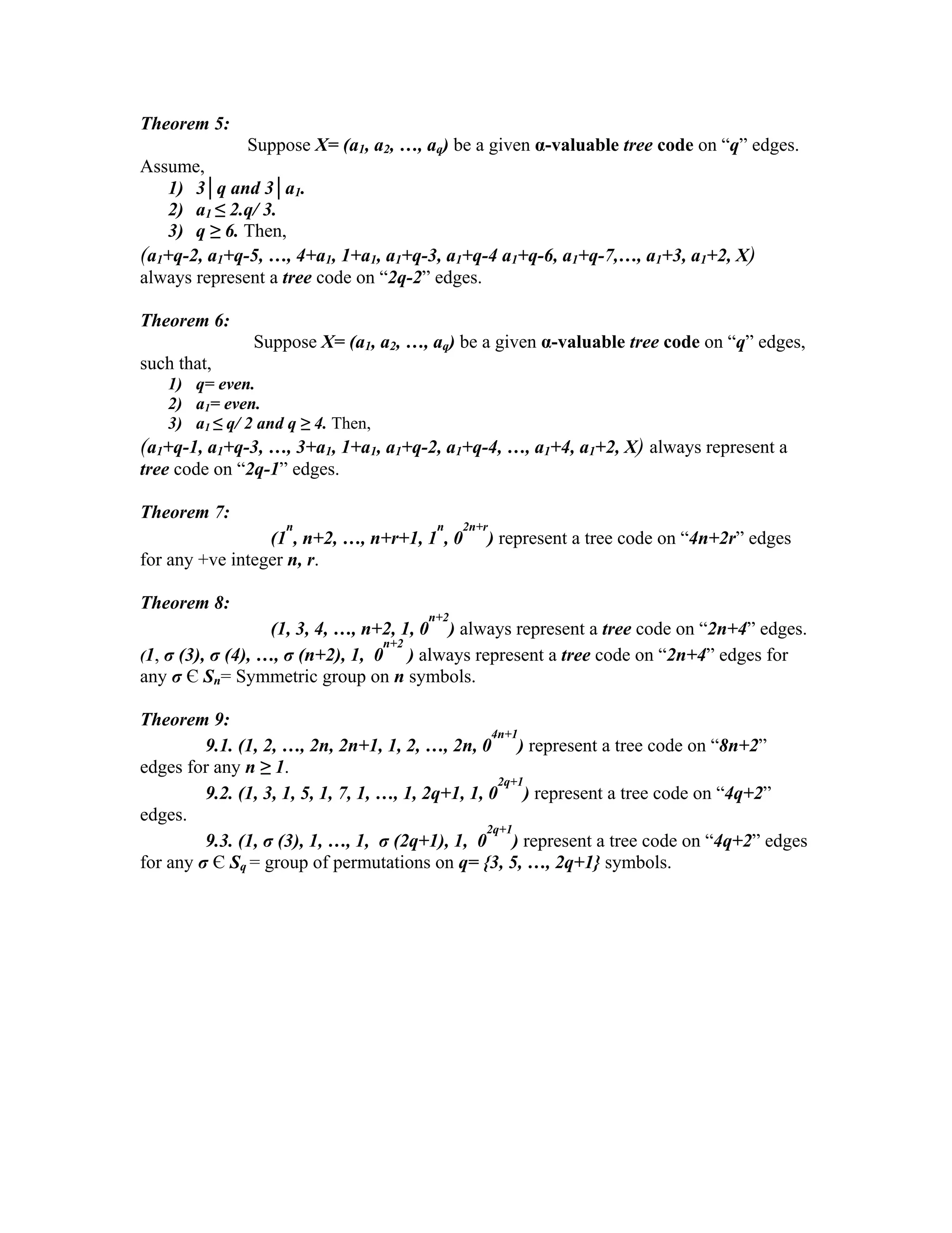 Theorem 5:
Suppose X= (a1, a2, …, aq) be a given α-valuable tree code on “q” edges.
Assume,
1) 3│q and 3│a1.
2) a1 ≤ 2.q/ 3.
3) q ≥ 6. Then,
(a1+q-2, a1+q-5, …, 4+a1, 1+a1, a1+q-3, a1+q-4 a1+q-6, a1+q-7,…, a1+3, a1+2, X)
always represent a tree code on “2q-2” edges.
Theorem 6:
Suppose X= (a1, a2, …, aq) be a given α-valuable tree code on “q” edges,
such that,
1) q= even.
2) a1= even.
3) a1 ≤ q/ 2 and q ≥ 4. Then,
(a1+q-1, a1+q-3, …, 3+a1, 1+a1, a1+q-2, a1+q-4, …, a1+4, a1+2, X) always represent a
tree code on “2q-1” edges.
Theorem 7:
(1
n
, n+2, …, n+r+1, 1
n
, 0
2n+r
) represent a tree code on “4n+2r” edges
for any +ve integer n, r.
Theorem 8:
(1, 3, 4, …, n+2, 1, 0
n+2
) always represent a tree code on “2n+4” edges.
(1, σ (3), σ (4), …, σ (n+2), 1, 0
n+2
) always represent a tree code on “2n+4” edges for
any σ Є Sn= Symmetric group on n symbols.
Theorem 9:
9.1. (1, 2, …, 2n, 2n+1, 1, 2, …, 2n, 0
4n+1
) represent a tree code on “8n+2”
edges for any n ≥ 1.
9.2. (1, 3, 1, 5, 1, 7, 1, …, 1, 2q+1, 1, 0
2q+1
) represent a tree code on “4q+2”
edges.
9.3. (1, σ (3), 1, …, 1, σ (2q+1), 1, 0
2q+1
) represent a tree code on “4q+2” edges
for any σ Є Sq = group of permutations on q= {3, 5, …, 2q+1} symbols.
 