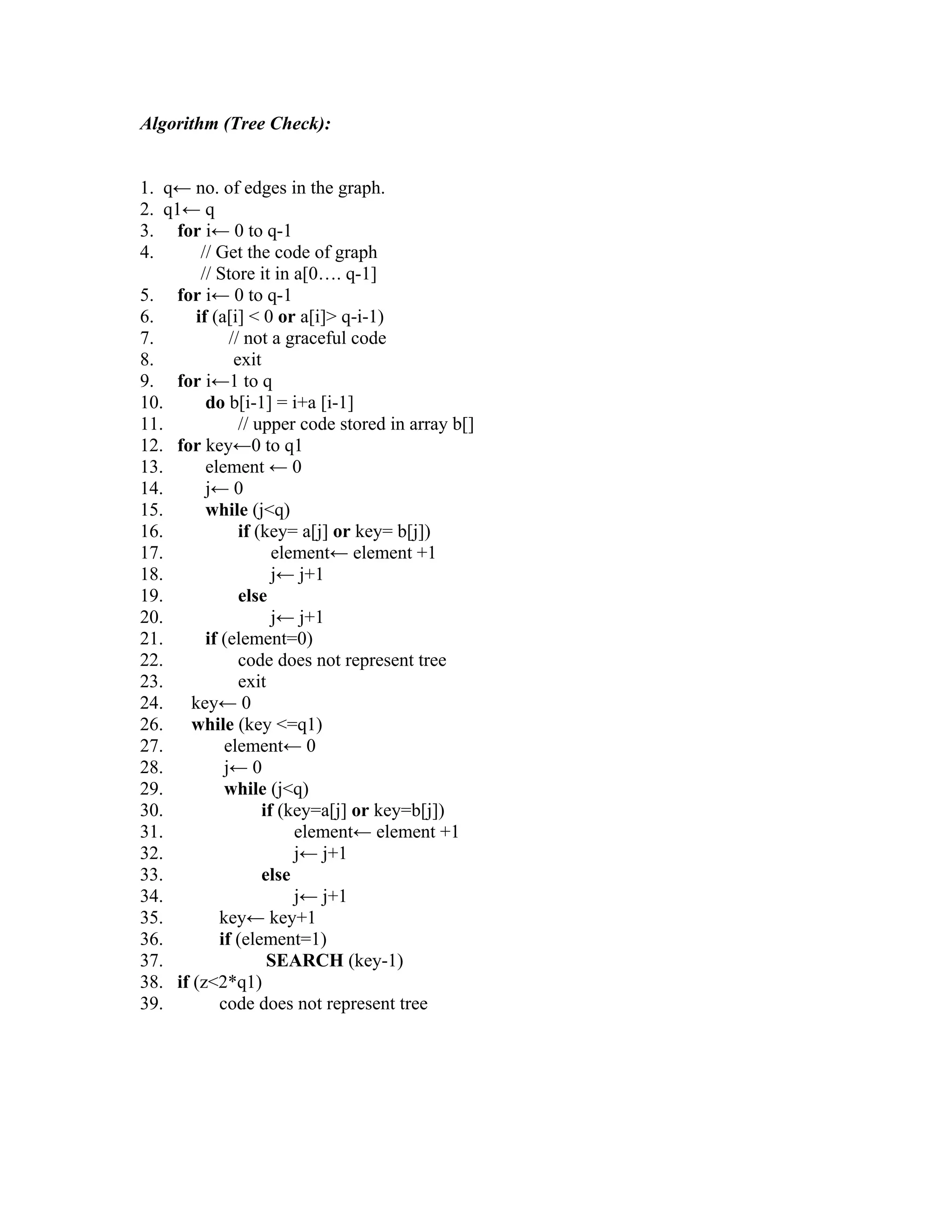 Algorithm (Tree Check):
1. q← no. of edges in the graph.
2. q1← q
3. for i← 0 to q-1
4. // Get the code of graph
// Store it in a[0…. q-1]
5. for i← 0 to q-1
6. if (a[i] < 0 or a[i]> q-i-1)
7. // not a graceful code
8. exit
9. for i←1 to q
10. do b[i-1] = i+a [i-1]
11. // upper code stored in array b[]
12. for key←0 to q1
13. element ← 0
14. j← 0
15. while (j<q)
16. if (key= a[j] or key= b[j])
17. element← element +1
18. j← j+1
19. else
20. j← j+1
21. if (element=0)
22. code does not represent tree
23. exit
24. key← 0
26. while (key <=q1)
27. element← 0
28. j← 0
29. while (j<q)
30. if (key=a[j] or key=b[j])
31. element← element +1
32. j← j+1
33. else
34. j← j+1
35. key← key+1
36. if (element=1)
37. SEARCH (key-1)
38. if (z<2*q1)
39. code does not represent tree
 