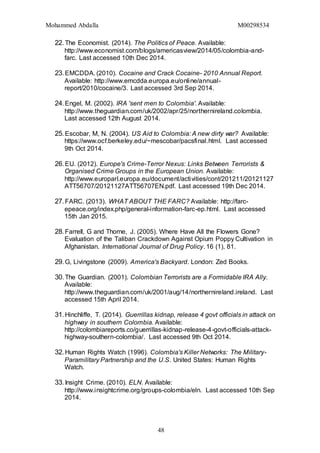 Mohammed Abdalla M00298534
48
22.The Economist. (2014). The Politics of Peace. Available:
http://www.economist.com/blogs/americasview/2014/05/colombia-and-
farc. Last accessed 10th Dec 2014.
23.EMCDDA. (2010). Cocaine and Crack Cocaine- 2010 Annual Report.
Available: http://www.emcdda.europa.eu/online/annual-
report/2010/cocaine/3. Last accessed 3rd Sep 2014.
24.Engel, M. (2002). IRA 'sent men to Colombia'. Available:
http://www.theguardian.com/uk/2002/apr/25/northernireland.colombia.
Last accessed 12th August 2014.
25.Escobar, M, N. (2004). US Aid to Colombia: A new dirty war? Available:
https://www.ocf.berkeley.edu/~mescobar/pacsfinal.html. Last accessed
9th Oct 2014.
26.EU. (2012). Europe's Crime-Terror Nexus: Links Between Terrorists &
Organised Crime Groups in the European Union. Available:
http://www.europarl.europa.eu/document/activities/cont/201211/20121127
ATT56707/20121127ATT56707EN.pdf. Last accessed 19th Dec 2014.
27.FARC. (2013). WHAT ABOUT THE FARC? Available: http://farc-
epeace.org/index.php/general-information-farc-ep.html. Last accessed
15th Jan 2015.
28.Farrell, G and Thorne, J. (2005). Where Have All the Flowers Gone?
Evaluation of the Taliban Crackdown Against Opium Poppy Cultivation in
Afghanistan. International Journal of Drug Policy. 16 (1), 81.
29.G, Livingstone (2009). America's Backyard. London: Zed Books.
30.The Guardian. (2001). Colombian Terrorists are a Formidable IRA Ally.
Available:
http://www.theguardian.com/uk/2001/aug/14/northernireland.ireland. Last
accessed 15th April 2014.
31.Hinchliffe, T. (2014). Guerrillas kidnap, release 4 govt officials in attack on
highway in southern Colombia. Available:
http://colombiareports.co/guerrillas-kidnap-release-4-govt-officials-attack-
highway-southern-colombia/. Last accessed 9th Oct 2014.
32.Human Rights Watch (1996). Colombia's Killer Networks: The Military-
Paramilitary Partnership and the U.S. United States: Human Rights
Watch.
33.Insight Crime. (2010). ELN. Available:
http://www.insightcrime.org/groups-colombia/eln. Last accessed 10th Sep
2014.
 