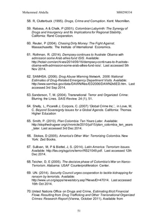 Mohammed Abdalla M00298534
51
58. R, Clutterbuck (1995). Drugs, Crime and Corruption. Kent: Macmillan.
59. Rabasa, A & Chalk, P (2001). Colombian Labyrinth: The Synergy of
Drugs and Insurgency and Its Implications for Regional Stability.
California: Rand Cooperation.
60. Reuter, P (2004). Chasing Dirty Money: The Fight Against.
Massachusetts: The Institute of International Economics.
61. Rothman, R. (2014). Dempsey continues to frustrate Obama with
admission some Arab allies fund ISIS. Available:
http://hotair.com/archives/2014/09/16/dempsey-continues-to-frustrate-
obama-with-admission-some-arab-allies-fund-isis/. Last accessed 5th
Nov 2014.
62. SAMHSA. (2006). Drug Abuse Warning Network, 2006: National
Estimates of Drug-Related Emergency Department Visits. Available:
http://www.samhsa.gov/data/DAWN/files/ED2006/DAWN2k6ED.htm. Last
accessed 3rd Sep 2014.
63.Sanderson, T, M. (2004). Transnational Terror and Organized Crime:
Blurring the Lines. SAIS Review. 24 (1), 51.
64. Shelly, L, Picarelli J, Corpora, C. (2007) ‘Global Crime Inc.’, in Love, M,
C. Beyond Sovereignty Issues for a Global Agenda. California: Thomas
Higher Education
65. Smith, P. (2010). Plan Colombia: Ten Years Later. Available:
http://stopthedrugwar.org/chronicle/2010/jul/15/plan_colombia_ten_years
_later. Last accessed 3rd Dec 2014.
66. Stokes, D (2005). America's Other War: Terrorizing Colombia. New
York: Zed Books.
67. Sullivan, M, P & Biettel, J, S. (2014). Latin America: Terrorism Issues.
Available: http://fas.org/sgp/crs/terror/RS21049.pdf. Last accessed 12th
Dec 2014.
68.Teicher, D, E (2005). The decisive phase of Colombia's War on Narco-
Terrorism. Alabama: USAF Counterproliferation Center.
69. UN. (2014). Security Council urges cooperation to tackle kidnapping for
ransom by terrorists. Available:
http://www.un.org/apps/news/story.asp?NewsID=47014. Last accessed
16th Oct 2014.
70.United Nations Office on Drugs and Crime, Estimating Illicit Financial
Flows Resulting from Drug Trafficking and Other Transnational Organized
Crimes: Research Report (Vienna, October 2011). Available from
 