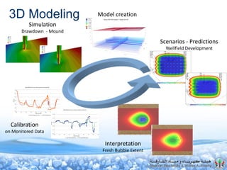 Interpretation
Fresh Bubble Extent
Simulation
Drawdown - Mound
Scenarios - Predictions
Wellfield Development
3D Modeling Model creation
Calibration
on Monitored Data
 