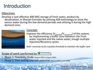 Introduction
Objectives
Develop a cost effective 400 MIG storage of fresh water, product by
desalination, in Sharjah Emirates by utilizing ASR technology to store the
excess water during the low demand periods and utilizing it during the high
demand ones.
Scope of work (performed by )
• Phase 1: Feasibility Study (August 2003 to August 2005)
• Phase 2: Pilot testing and ASR potential (March 2006 to June 2009)
Concept:
Improve the efficiency (Vinjected/Vrecovered) of the system,
by implementing a buffer zone between the fresh
water injected and the native water, trough multiple
Injection/Recovery cycles.
Note: necessity to fix a quality threshold to maintain the buffer zone
 
