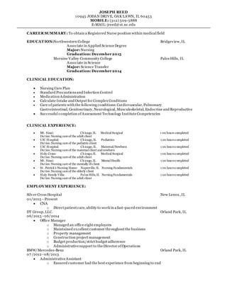 JOSEPH REED
10945 JODAN DRIVE, OAK LAWN, IL 60453
MOBILE: (312) 509-5888
E-MAIL: jreed@st.nc.edu
CAREER SUMMARY: To obtain a Registered Nurse position within medical field
EDUCAT ION:Northwestern College Bridgeview, IL
Associate in Applied ScienceDegree
Major: Nursing
Graduation: December 2015
Moraine Valley Community College Palos Hills, IL
Associate in Science
Major: Science Transfer
Graduation: December 2014
CLINICAL EDUCATION:
 Nursing Care Plan
 Standard Precautionsand Infection Control
 Medication Administration
 Calculate Intake and Output for Complex Conditions
 Care of patients with the following conditions:Cardiovascular, Pulmonary
Gastrointestinal, Genitourinary, Neurological, Musculoskeletal, Endocrine and Reproductive
 Successful completion of Assessment Technology InstituteCompetencies
CLINICAL EXPERIENCE:
 Mt. Sinai: Chicago, IL Medical Surgical 1 00 hours completed
Du ties:Nursing care of the adult client
 UIC Hospital: Chicago, IL Pediatrics 1 00 hourscompleted
Du ties:Nursing care of the pediatric client
 UIC Hospital: Chicago, IL Maternal/Newborn 1 00 hourscompleted
Du ties:Nursing care of the maternal client and newborn
 Holy Cross: Chicago, IL Medical Surgical 1 00 hourscompleted
Du ties:Nursing care of the adult client
 Mt. Sinai: Chicago, IL Mental Health 1 00 hourscompleted
Du ties:Nursing care of the mentally ill client
 St. Patrick’s Nursing Home: Naperville, IL Nursing Fundamentals 1 00 hourscompleted
Du ties:Nursing care of the elderly client
 Holy Family Villa: Palos Hills, IL NursingFundamentals 1 00 hourscompleted
Du ties:Nursing care of the adult client
EMPLOYMENT EXPERIENCE:
Silver Cross Hospital New Lenox, IL
01/2015 –Present
 CNA
o Direct patient care, ability to work in a fast-paced environment
DT Group, LLC. Orland Park, IL
06/2013 - 06/2014
 Office Manager
o Managed an office eight employees
o Maintained excellent customer throughout the business
o Property management
o Construction project management
o Budget production/strict budget adherence
o Administrativesupport to the Director ofOperations
BMW/Mercedes-Benz Orland Park, IL
07 /2012- 08/2013
 AdministrativeAssistant
o Ensured customer had the best experience from beginning to end
 