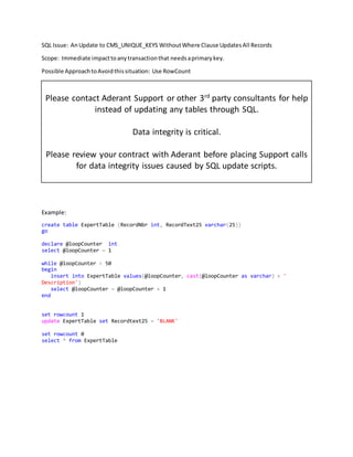 SQL Issue: AnUpdate to CMS_UNIQUE_KEYS WithoutWhere Clause UpdatesAll Records
Scope: Immediate impacttoanytransactionthat needsaprimarykey.
Possible ApproachtoAvoidthissituation: Use RowCount
Please contact Aderant Support or other 3rd
party consultants for help
instead of updating any tables through SQL.
Data integrity is critical.
Please review your contract with Aderant before placing Support calls
for data integrity issues caused by SQL update scripts.
Example:
create table ExpertTable (RecordNbr int, RecordText25 varchar(25))
go
declare @loopCounter int
select @loopCounter = 1
while @loopCounter < 50
begin
insert into ExpertTable values(@loopCounter, cast(@loopCounter as varchar) + '
Description')
select @loopCounter = @loopCounter + 1
end
set rowcount 1
update ExpertTable set Recordtext25 = 'BLANK'
set rowcount 0
select * from ExpertTable
 