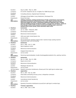 Duration: Sep 15, 2002 - May 31, 2005
Company: Fs Cool Air Industries sub con. Of globe Tel. FOBN Roxas Capiz
Company
Industry:
Consulting (Science, Engineering & Technical)
Location 40 Bulgaria Street Better Living Subdivision, Paranaque City
Department: Roxas City Capiz
Job
Description:
shifting schedule, routing maintenance of mdp, panel board, ats of geset,
quarterly preventive maintenance of Acu unit, repair lavatory faucet,
lubricate supply fan motor, installation additional lighting at the rooftop
telecom building,change oil Genset 210kva, change fuel, oil filters, check on
line charger,check alarm system at telecom building,repair electronic
ballast,check motor pump, check domestic water tank.
3. Position: technician
Duration: Jan 15, 2000 – Febuary5, 2002
Company: Gerconcept Incorporated
Company
Industry:
Electronics & Semiconductors
Location #68 scout castor street Quezon city
Department: service center
Job
Description:
Service technician industrial inkjet printer machine Imaje cooding machine
equipment,repair and overhauling.
4. Position: technician
Duration: Feb 5, 1999 - Oct 17, 1999
Company: Naces Appliance center
Company
Industry:
Electronics & Semiconductors
Location Delgado Street Iloilo city
Department: service center
Job
Description:
Receiving repairetvdeadset, trouble shootingapplianceselectric fan, washing machine.
5. Position: technician
Duration: Mar 13, 1998 - Dec 13, 1998
Company: Negros aircon tech.
Company
Industry:
Electronics & Semiconductors
Location Madalagan Bacolod city
Department: service center
Job Description: Quaterly preventive maintenance, Ahuaccuunit from split type to window type.
6. Position: apprentice
Duration: Mar 5, 1997 - Nov 10, 1997
Company: Deka Sales contracting services, aircon, refrigerition contractor
Company
Industry:
Electronics & Semiconductors
Location Lizareslacson street bacolod city
Department: service center
Job
Description:
Quarterly Preventive maintenance acuunit,from split type to window type,
7. Position: Trainee/ apprentice
Duration: Mar 5, 1996 - Dec 4, 1996
 