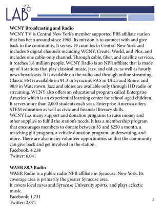 12
WCNY Broadcasting and Radio
WCNY TV is Central New York’s member supported PBS affiliate station
that has been around since 1965. Its mission is to connect with and give
back to the community. It serves 19 counties in Central New York and
includes 5 digital channels including WCNY, Create, World, and Plus, and
includes one cable-only channel. Through cable, fiber, and satellite services,
it reaches 1.8 million people. WCNY Radio is an NPR affiliate that is made
up of 4 stations that play classical music, jazz, and oldies, as well as hourly
news broadcasts. It is available on the radio and through online streaming.
Classic FM is available on 91.3 in Syracuse, 89.5 in Utica and Rome, and
90.9 in Watertown. Jazz and oldies are available only through HD radio or
streaming. WCNY also offers an educational program called Enterprise
America which is an experiential learning center for school-aged children.
It serves more than 2,000 students each year. Enterprise America offers
STEM education as well as civic and financial literacy skills.
WCNY has many support and donation programs to raise money and
other supplies to fulfill the station’s needs. It has a membership program
that encourages members to donate between $5 and $250 a month, a
matching gift program, a vehicle donation program, underwriting, and
more. There are also many volunteer opportunities so that the community
can give back and get involved in the station.
Facebook: 4,238
Twitter: 6,041
WAER 88.3 Radio
WAER Radio is a public radio NPR affiliate in Syracuse, New York. Its
coverage area is primarily the greater Syracuse area.
It covers local news and Syracuse University sports, and plays eclectic
music.
Facebook: 1,731
Twitter: 2,071
 