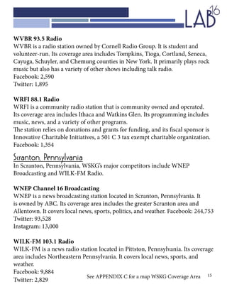 15
WVBR 93.5 Radio
WVBR is a radio station owned by Cornell Radio Group. It is student and
volunteer-run. Its coverage area includes Tompkins, Tioga, Cortland, Seneca,
Cayuga, Schuyler, and Chemung counties in New York. It primarily plays rock
music but also has a variety of other shows including talk radio.
Facebook: 2,590
Twitter: 1,895
WRFI 88.1 Radio
WRFI is a community radio station that is community owned and operated.
Its coverage area includes Ithaca and Watkins Glen. Its programming includes
music, news, and a variety of other programs.
The station relies on donations and grants for funding, and its fiscal sponsor is
Innovative Charitable Initiatives, a 501 C 3 tax exempt charitable organization.
Facebook: 1,354
Scranton, Pennsylvania
In Scranton, Pennsylvania, WSKG’s major competitors include WNEP
Broadcasting and WILK-FM Radio.
WNEP Channel 16 Broadcasting
WNEP is a news broadcasting station located in Scranton, Pennsylvania. It
is owned by ABC. Its coverage area includes the greater Scranton area and
Allentown. It covers local news, sports, politics, and weather. Facebook: 244,753
Twitter: 93,528
Instagram: 13,000
WILK-FM 103.1 Radio
WILK-FM is a news radio station located in Pittston, Pennsylvania. Its coverage
area includes Northeastern Pennsylvania. It covers local news, sports, and
weather.
Facebook: 9,884
Twitter: 2,829
See APPENDIX C for a map WSKG Coverage Area
 