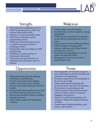 17
Strengths Weaknesses
Opportunities Threats
•	 Partnership with recognizable brands of 		
	 Public Broadcasting Service (PBS) and 		
	 National Public Radio (NPR).
•	 Presence in several social media outlets.
•	 WSKG has an extremely versatile 			
	 programming network.
•	 WSKG has committed listeners who are 		
	 or could become primary donors/		
	 sustaining members.
•	 Recognizable radio personalities via NPR 	
	programming.
•	 Established, consistent presence in 		
	 broadcasted communities.
•	 Trustworthy and respected source of 		
	 information for both listeners and non 		
	listeners.
•	 Website design is not user friendly.
•	 Currently does not drive to appeal to a young	
	demographic.
•	 WSKG appears to primarily focus attention 	
	 on educational programming and classical 	
	music.
•	 Lack of awareness with a millennial audience.
•	 WSKG’s budget for branding, public 		
	 relations, marketing, advertising, outreach 	
	 and advocacy is very low.
•	 Inconsistent branding platforms across all 	
	 media associated with WSKG.
•	 Headquarters located in area outside of 		
	 largest donation base.
•	 Design and develop outreach targeting 		
	 Generation X and Millennials.
•	 Scan the environment of the collegiate 		
	 entities in the service area for relevancy.
•	 Increase social media involvement across all 	
	handles.
•	 Expand brand and personality presence with 	
	 key visible events across the service area.
•	 Become more involved in Ithaca community 	
	 through local events.
•	 Utilize college campuses for fundraising 		
	initiatives.
•	 The demographic of Generation X (ages 34-	
	 54) is visibly absent at all levels internally and 	
	 externally to the organization.
•	 Broadcast competition for the marketplace of	
	 the service area is high.
•	 Online streaming and podcasting will 		
	 become the norm rather than the alternative.
•	 The prevalence in promoting Jazz and 		
	 Classical music formats limit the potential 	
	 audiences WSKG could be reaching and 		
	 engaging in the long term.
•	 The lack of a solid branding platform will 	
	 continue to dissipate the image and identity 	
	 of WSKG.
•	 Limited range of fundraising efforts could 	
	 lead to a stale cash flow.
 