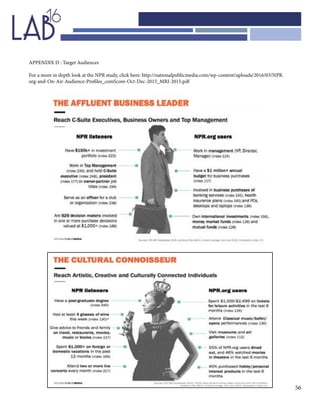 56
APPENDIX D : Target Audiences
For a more in depth look at the NPR study, click here: http://nationalpublicmedia.com/wp-content/uploads/2016/03/NPR.
org-and-On-Air-Audience-Profiles_comScore-Oct-Dec-2015_MRI-2015.pdf
 