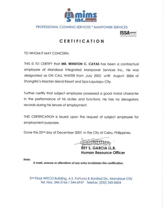 Certification - Mandaue Integrated Manpower Services