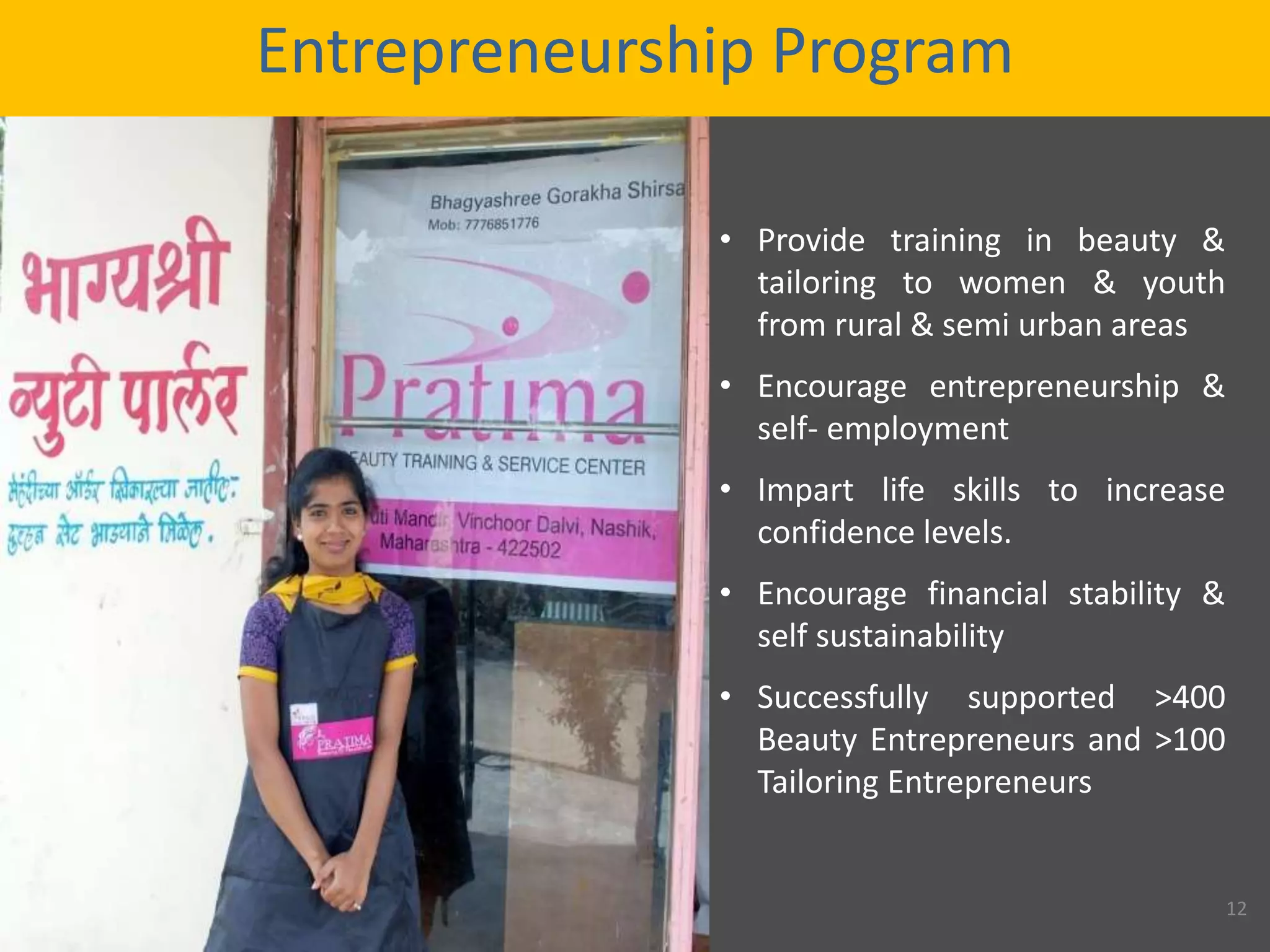 Entrepreneurship Program
• Provide training in beauty &
tailoring to women & youth
from rural & semi urban areas
• Encourage entrepreneurship &
self- employment
• Impart life skills to increase
confidence levels.
• Encourage financial stability &
self sustainability
• Successfully supported >400
Beauty Entrepreneurs and >100
Tailoring Entrepreneurs
12
 