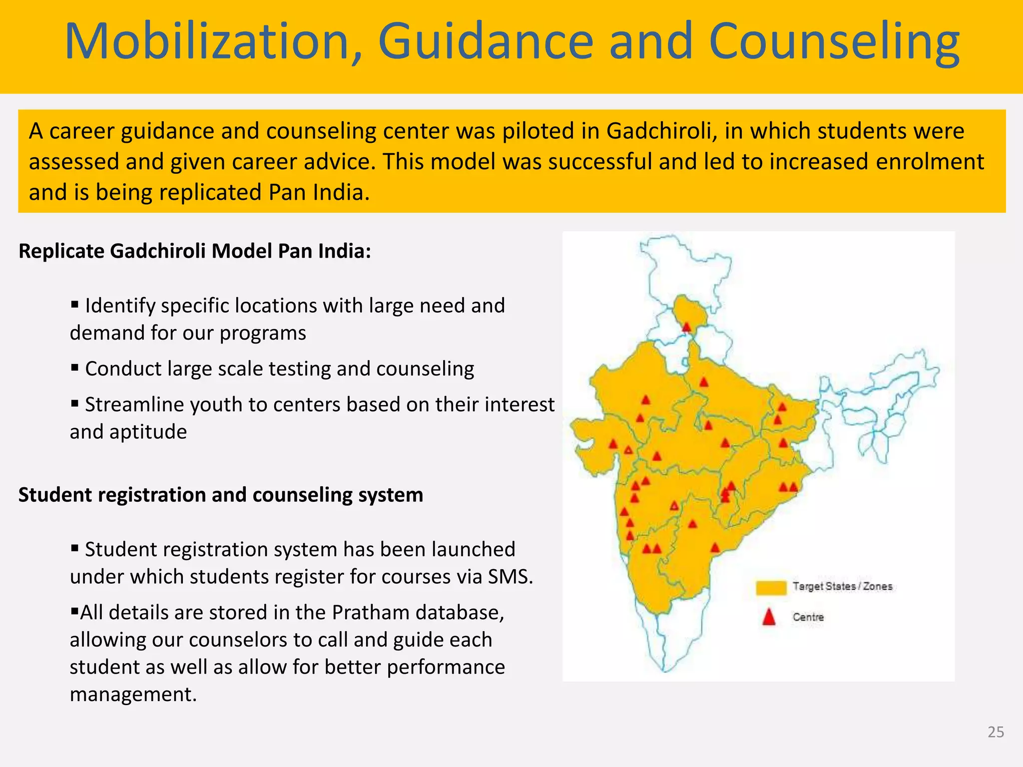 Mobilization, Guidance and Counseling
A career guidance and counseling center was piloted in Gadchiroli, in which students were
assessed and given career advice. This model was successful and led to increased enrolment
and is being replicated Pan India.
Replicate Gadchiroli Model Pan India:
 Identify specific locations with large need and
demand for our programs
 Conduct large scale testing and counseling
 Streamline youth to centers based on their interest
and aptitude
Student registration and counseling system
 Student registration system has been launched
under which students register for courses via SMS.
All details are stored in the Pratham database,
allowing our counselors to call and guide each
student as well as allow for better performance
management.
25
 