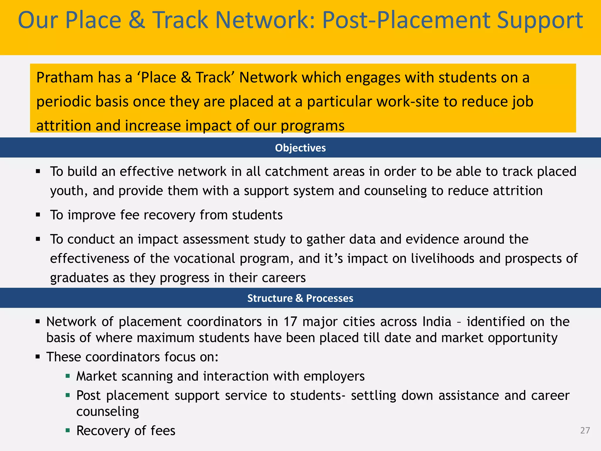 Our Place & Track Network: Post-Placement Support
Pratham has a ‘Place & Track’ Network which engages with students on a
periodic basis once they are placed at a particular work-site to reduce job
attrition and increase impact of our programs
 To build an effective network in all catchment areas in order to be able to track placed
youth, and provide them with a support system and counseling to reduce attrition
 To improve fee recovery from students
 To conduct an impact assessment study to gather data and evidence around the
effectiveness of the vocational program, and it’s impact on livelihoods and prospects of
graduates as they progress in their careers
 Network of placement coordinators in 17 major cities across India – identified on the
basis of where maximum students have been placed till date and market opportunity
 These coordinators focus on:
 Market scanning and interaction with employers
 Post placement support service to students- settling down assistance and career
counseling
 Recovery of fees
Structure & Processes
Objectives
27
 