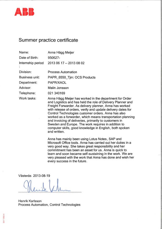 1 practice teaching certificate sample Summer Practice ABB Certificate