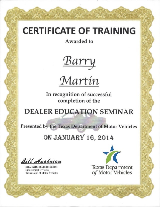 TEXAS AUTO DEALER TRAINING CERTIFICATE2013