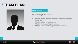 WeIF 25of25
We are looking for the person:
• Who has product manager experience in internet companies,
such as BAT;
• Who has passion for entrepreneur;
• Who has >3 years working experience;
• Who has deep understanding on internet product;
TEAM PLAN
HELP NEEDED:
 