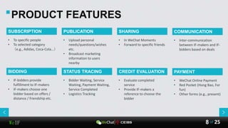WeIF 25of
SUBSCRIPTION
• To specific people
• To selected category
（e.g., Adidas, Coca-Cola…）
BIDDING
• IF-bidders provide
fulfillment to IF-makers
• IF-makers choose one
bidder based on offers /
distance / friendship etc.
PUBLICATION
• Upload personal
needs/questions/wishes
etc.
• Broadcast marketing
information to users
nearby
STATUS TRACING
• Bidder Waiting, Service
Waiting, Payment Waiting,
Service Completed
• Logistics Tracking
SHARING
• In WeChat Moments
• Forward to specific friends
CREDIT EVALUATION
• Evaluate completed
service
• Provide IF-makers a
reference to choose the
bidder
8
PRODUCT FEATURES
COMMUNICATION
• Inter-communication
between IF-makers and IF-
bidders based on deals
PAYMENT
• WeChat Online Payment
• Red Pocket (Hong Bao, For
fun)
• Other forms (e.g., present)
 