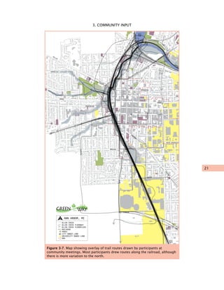 21
3. COMMUNITY INPUT
LIBERTY
LIBERTY
LIBERTY
MADISON
HURON
WASHINGTON
HURON
BROADWAY
LAIRTSUDNIHTUOS
MAIN
DIVISION
FIFTH
MAIN
MAIN
ETATS
ETATS
HTNEVES
HTNEVES
MILLER
MILLER
ARBORVIEW
ANN
CATHERINE
ARGO
POND
B2B
TRAIL
SOUTH UNVERSITY
HOOVER
HILL
PACKARD
PACKARD
STADIUM
ALLEN CREEK
ALLEN CREEK FLOODWAY
ALLEN CREEK FLOODPLAIN
RAILROAD
PARKS
CITY OWNED LAND
UNIVERSITY OWNED LAND
DDA
ANN ARBOR, MIN
MOVING FORWARD ON AN
ALLEN CREEK TRAIL
heGREEN WAY
Figure 3-7. Map showing overlay of trail routes drawn by participants at
community meetings. Most participants drew routes along the railroad, although
there is more variation to the north.
 