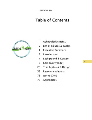 iii
GREEN THE WAY
Table of Contents
M
OVING FORWARD ON
A
N
ALLEN CREEK TRAIL
heGREEN WAY
i Acknowledgements
v List of Figures & Tables
1 Executive Summary
5 Introduction
7 Background & Context
13 Community Input
23 Trail Features & Design
55 Recommendations
75 Works Cited
77 Appendices
 