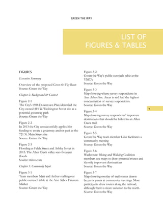 v
GREEN THE WAY
LIST OF
FIGURES & TABLES
FIGURES
Executive Summary
Overview of the proposed Green the Way Route
Source: Green the Way
Chapter 2. Background & Context
Figure 2-1
The City’s 1988 Downtown Plan identified the
City-owned 415 W. Washington Street site as a
potential greenway park
Source: Green the Way
Figure 2-2
In 2013 the City unsuccessfully applied for
funding to create a greenway anchor park at the
721 N. Main Street site
Source: Green the Way
Figure 2-3
Flooding at Felch Street and Ashley Street in
2013. The Allen Creek valley sees frequent
floods
Source: mlive.com
Chapter 3. Community Input
Figure 3-1
Team members Matt and Arthur staffing our
public outreach table at the Ann Arbor Farmers
Market
Source: Green the Way
Figure 3-2
Green the Way’s public outreach table at the
YMCA
Source: Green the Way
Figure 3-3
Map showing where survey respondents in
Ann Arbor live. Areas in red had the highest
concentration of survey respondents.
Source: Green the Way
Figure 3-4
Map showing survey respondents’ important
destinations that should be linked to an Allen
Creek trail
Source: Green the Way
Figure 3-5
Green the Way team member Luke facilitates a
community meeting
Source: Green the Way
Figure 3-6
Washtenaw Biking and Walking Coalition
members use maps to draw potential routes and
identify important destinations
Source: Green the Way
Figure 3-7
Map showing overlay of trail routes drawn
by participants at community meetings. Most
participants drew routes along the railroad,
although there is more variation to the north.
Source: Green the Way	
 