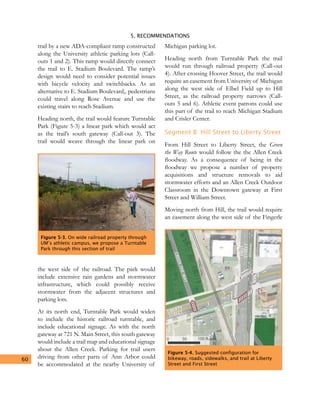 5. RECOMMENDATIONS
60
trail by a new ADA-compliant ramp constructed
along the University athletic parking lots (Call-
outs 1 and 2). This ramp would directly connect
the trail to E. Stadium Boulevard. The ramp’s
design would need to consider potential issues
with bicycle velocity and switchbacks. As an
alternative to E. Stadium Boulevard,. pedestrians
could travel along Rose Avenue and use the
existing stairs to reach Stadium.
Heading north, the trail would feature Turntable
Park (Figure 5-3) a linear park which would act
as the trail’s south gateway (Call-out 3). The
trail would weave through the linear park on
the west side of the railroad. The park would
include extensive rain gardens and stormwater
infrastructure, which could possibly receive
stormwater from the adjacent structures and
parking lots.
At its north end, Turntable Park would widen
to include the historic railroad turntable, and
include educational signage. As with the north
gateway at 721 N. Main Street, this south gateway
would include a trail map and educational signage
about the Allen Creek. Parking for trail users
driving from other parts of Ann Arbor could
be accommodated at the nearby University of
Michigan parking lot.
Heading north from Turntable Park the trail
would run through railroad property (Call-out
4). After crossing Hoover Street, the trail would
require an easement from University of Michigan
along the west side of Elbel Field up to Hill
Street, as the railroad property narrows (Call-
outs 5 and 6). Athletic event patrons could use
this part of the trail to reach Michigan Stadium
and Crisler Center.
Segment B: Hill Street to Liberty Street
From Hill Street to Liberty Street, the Green
the Way Route would follow the the Allen Creek
floodway. As a consequence of being in the
floodway we propose a number of property
acquisitions and structure removals to aid
stormwater efforts and an Allen Creek Outdoor
Classroom in the Downtown gateway at First
Street and William Street.
Moving north from Hill, the trail would require
an easement along the west side of the Fingerle
Figure 5-3. On wide railroad property through
UM’s athletic campus, we propose a Turntable
Park through this section of trail
0 50 100 ft.
N
LIBERTY
STREET
FIRST
STREET
Bikeway
GREENTHEWAY
Figure 5-4. Suggested configuration for
bikeway, roads, sidewalks, and trail at Liberty
Street and First Street
 