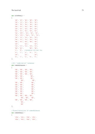 The Search tab 73
var coreRomaji =
[
'ga', 'gi', 'gu', 'ge', 'go',
'za', 'ji', 'zu', 'ze', 'zo',
'da', 'di', 'du', 'de', 'do',
'ba', 'bi', 'bu', 'be', 'bo',
'pa', 'pi', 'pu', 'pe', 'po',
'ka', 'ki', 'ku', 'ke', 'ko',
'sa', 'shi', 'su', 'se', 'so',
'ta', 'chi', 'tsu', 'te', 'to',
'na', 'ni', 'nu', 'ne', 'no',
'ha', 'hi', 'fu', 'he', 'ho',
'ma', 'mi', 'mu', 'me', 'mo',
'ya', 'yu', 'yo',
'ra', 'ri', 'ru', 're', 'ro',
'wa', 'wi', 'we', 'wo',
'n', '', //preserve chiisai tsu
'a', 'i', 'u', 'e', 'o',
'ya', 'yu', 'yo',
'a', 'i', 'u', 'e', 'o',
];
//All combination katakana
var comboKatakana =
[
'', '', '', '',
'', '', '', '',
'', '', '', '',
'', '', '',
'', '', '',
'', '',
'', '', '',
'', '', '',
'', '', '',
'', '', '',
'', '', '',
'', '', '',
'', '', '', '',
'', '', '',
'', '', '', '',
'',
''
];
//Transliterations of comboKatakana
var comboRomaji =
[
'cha', 'chu', 'che', 'cho',
'sha', 'shu', 'she', 'sho',
 