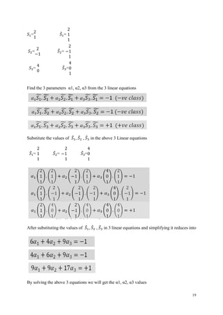 19
𝑆1=
2
1
𝑆̃1=
2
1
1
𝑆2=
2
−1
𝑆̃2=
2
−1
1
𝑆3=
4
0
𝑆̃3=
4
0
1
Find the 3 parameters α1, α2, α3 from the 3 linear equations
Substitute the values of 𝑆̃1, 𝑆̃2 , 𝑆̃3 in the above 3 Linear equations
𝑆̃1=
2
1
1
𝑆̃2=
2
−1
1
𝑆̃3=
4
0
1
After substituting the values of 𝑆̃1, 𝑆̃2 , 𝑆̃3 in 3 linear equations and simplifying it reduces into
By solving the above 3 equations we will get the α1, α2, α3 values
 