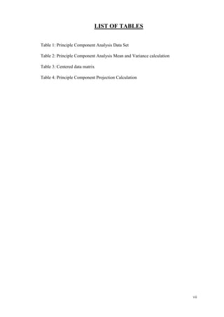 vii
LIST OF TABLES
Table 1: Principle Component Analysis Data Set
Table 2: Principle Component Analysis Mean and Variance calculation
Table 3: Centered data matrix
Table 4: Principle Component Projection Calculation
 