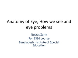 Anatomy of Eye, How we see and
eye problems
Nusrat Zerin
For BSEd course
Bangladesh Institute of Special
Education
 