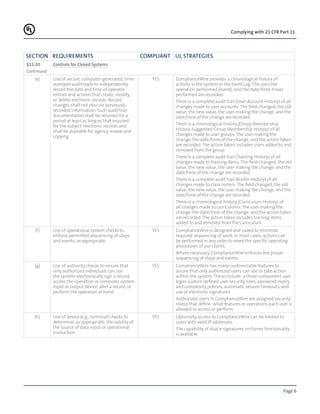 Page 6
Complying with 21 CFR Part 11
Section REQUIREMENTS COMPLIANT UL STRATEGIES
§11.10 Controls for Closed Systems
Continued
(e) Use of secure, computer-generated, time-
stamped audit trails to independently
record the date and time of operator
entries and actions that create, modify,
or delete electronic records. Record
changes shall not obscure previously
recorded information. Such audit trail
documentation shall be retained for a
period at least as long as that required
for the subject electronic records and
shall be available for agency review and
copying.
YES ComplianceWire provides a chronological history of
activity in the system in the Event Log. The user, the
operation performed (event), and the date/time it was
performed are recorded.
There is a complete audit trail (User Account History) of all
changes made to user accounts. The field changed, the old
value, the new value, the user making the change, and the
date/time of the change are recorded.
There is a chronological history (Group Membership
History, Suggested Group Membership History) of all
changes made to user groups. The user making the
change, the date/time of the change, and the action taken
are recorded. The action taken includes users added to and
removed from the group.
There is a complete audit trail (Training History) of all
changes made to training items. The field changed, the old
value, the new value, the user making the change, and the
date/time of the change are recorded.
There is a complete audit trail (Roster History) of all
changes made to class rosters. The field changed, the old
value, the new value, the user making the change, and the
date/time of the change are recorded.
There is a chronological history (Curriculum History) of
all changes made to curriculums. The user making the
change, the date/time of the change, and the action taken
are recorded. The action taken includes training items
added to and removed from the curriculum.
(f) Use of operational system checks to
enforce permitted sequencing of steps
and events, as appropriate.
YES ComplianceWire is designed and coded to minimize
required sequencing of work. In most cases, actions can
be performed in any order to meet the specific operating
procedures of our clients.
Where necessary, ComplianceWire enforces the proper
sequencing of steps and events.
(g) Use of authority checks to ensure that
only authorized individuals can use
the system, electronically sign a record,
access the operation or computer system
input or output device, alter a record, or
perform the operation at hand.
YES ComplianceWire has many customizable features to
assure that only authorized users can use or take action
within the system. These include: a three-component user
login, custom defined user security roles, password expiry
and complexity policies, automatic session timeouts, and
use of electronic signatures.
Authorized users in ComplianceWire are assigned security
role(s) that define what features or operations each user is
allowed to access or perform.
(h) Use of device (e.g., terminal) checks to
determine, as appropriate, the validity of
the source of data input or operational
instruction.
YES Optionally, access to ComplianceWire can be limited to
users with valid IP addresses.
The capability of dual e-signatures on Forms functionality
is available.
 