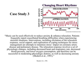 Case Study 3
“Music can be used effectively to reduce anxiety & enhance relaxation. Patients
frequently report exacerbated breathing difficulties when experiencing
stressful situations. Interventions, including elicitation of the relaxation
response, social support, and exploration of coping techniques for stress
management are attempts to minimize stress’ impact on coronary artery
disease and pulmonary disease. The relaxation response involves a set of
physiologic changes, including decreased heart and respiratory rate, decreased
blood pressure, and lower oxygen consumption, and therefore can be
successful in moderating physiologic distress, as well as decreasing anxiety
(Medich et al., 1991).”
Mandel, S.E., 1996
 