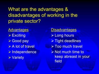 What are the advantages &
disadvantages of working in the
private sector?
Advantages
 Exciting
 Good pay
 A lot of travel
 Independence
 Variety
Disadvantages
 Long hours
 Tight deadlines
 Too much travel
 Not much time to
keep abreast in your
field
 