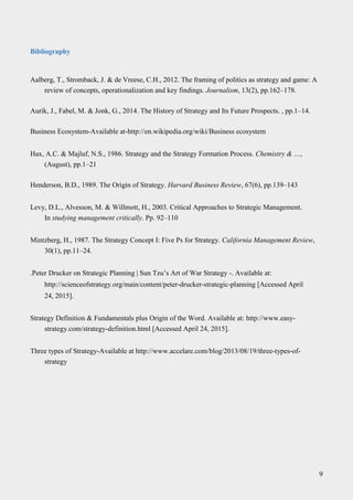 Bibliography
Aalberg, T., Stromback, J. & de Vreese, C.H., 2012. The framing of politics as strategy and game: A
review of concepts, operationalization and key findings. Journalism, 13(2), pp.162–178.
Aurik, J., Fabel, M. & Jonk, G., 2014. The History of Strategy and Its Future Prospects. , pp.1–14.
Business Ecosystem-Available at-http://en.wikipedia.org/wiki/Business ecosystem
Hax, A.C. & Majluf, N.S., 1986. Strategy and the Strategy Formation Process. Chemistry & …,
(August), pp.1–21
Henderson, B.D., 1989. The Origin of Strategy. Harvard Business Review, 67(6), pp.139–143
Levy, D.L., Alvesson, M. & Willmott, H., 2003. Critical Approaches to Strategic Management.
In studying management critically. Pp. 92–110
Mintzberg, H., 1987. The Strategy Concept I: Five Ps for Strategy. California Management Review,
30(1), pp.11–24.
.Peter Drucker on Strategic Planning | Sun Tzu’s Art of War Strategy -. Available at:
http://scienceofstrategy.org/main/content/peter-drucker-strategic-planning [Accessed April
24, 2015].
Strategy Definition & Fundamentals plus Origin of the Word. Available at: http://www.easy-
strategy.com/strategy-definition.html [Accessed April 24, 2015].
Three types of Strategy-Available at http://www.accelare.com/blog/2013/08/19/three-types-of-
strategy
9
 
