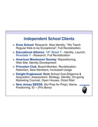 Independent School Clients 
v Knox School: Research, New Identity: “We Teach 
Regular Kids to be Exceptional”; Full Revitalization 
v Educational Alliance: 14th Street Y - Identity, Launch; 
Riverdale Y - Research, Full Revitalization 
v American Montessori Society: Repositioning, 
Web Site, Identity Development 
v Princeton Club: Board Member, Revitalization, 
Retention, New Members, Increased Usage 
v Dwight Englewood: Bede School Due-Diligence & 
Acquisition, Assessment, Strategy, Identity, On-going 
Marketing Counsel, Open Houses, Direct Mail 
v New Jersey SEEDS: (NJ Prep for Prep), Name, 
Positioning, ID – (Pro Bono) 
 