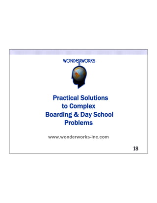 Practical Solutions 
to Complex 
Boarding & Day School 
Problems 
www.wonderworks-inc.com 
18 

