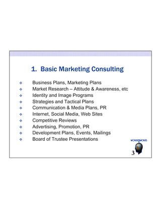 1. Basic Marketing Consulting 
v Business Plans, Marketing Plans 
v Market Research – Attitude & Awareness, etc 
v Identity and Image Programs 
v Strategies and Tactical Plans 
v Communication & Media Plans, PR 
v Internet, Social Media, Web Sites 
v Competitive Reviews 
v Advertising, Promotion, PR 
v Development Plans, Events, Mailings 
v Board of Trustee Presentations 
3 
 