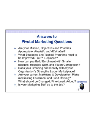 Answers to 
Pivotal Marketing Questions 
v Are your Mission, Objectives and Priorities 
Appropriate, Realistic and Attainable? 
v What Strategies and Tactical Programs need to 
be Improved? Cut? Replaced? 
v How can you Build Enrollment with Smaller 
Budgets, Reduced Staff, and Tough Competition? 
v Does your Branding and Identity reflect your 
Organization’s Strengths & your Marketplace? 
v Are your current Marketing & Development Plans 
maximizing Enrollment and Fund Raising? 
What should be Changed, Fine-tuned, Added? 
v Is your Marketing Staff up to the Job? 
9 
 
