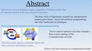 Abstract
Operations research problems require capability of finding models that
are optimal solution with some objective functions.
The basic tools of Operations research are transportation
models,game theory, linear and nonlinear programming,
and other mathematical techniques.
Our tool generates solutions for discrete optimization problems.
Tool is used to optimize real time examples
Peer-to-peer sharing of file
Communication network.
This tool can be used as a backend engines for
other software and hybrid systems.
Achieve the best outcome in a mathematical model
 