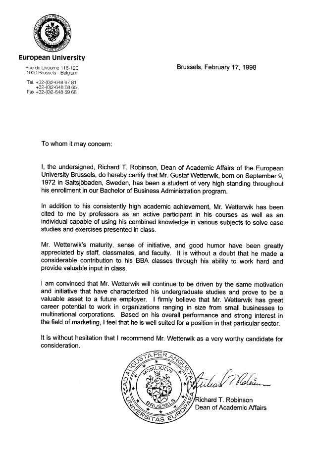 European University Recommendation Letter