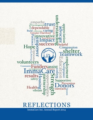 Teamwork
trust
Hope
volunteers
Supportive
Diversity
dependable
Encouragement
Harm Reduction
results
resource
Prevention
outreach
non-judgemental
life-saving
Greater Hartford
caringBuild
appreciation
collaboration
advocate
Compassion
Health
REFLECTIONS
ImmaCare Inc. Annual Report 2014
 