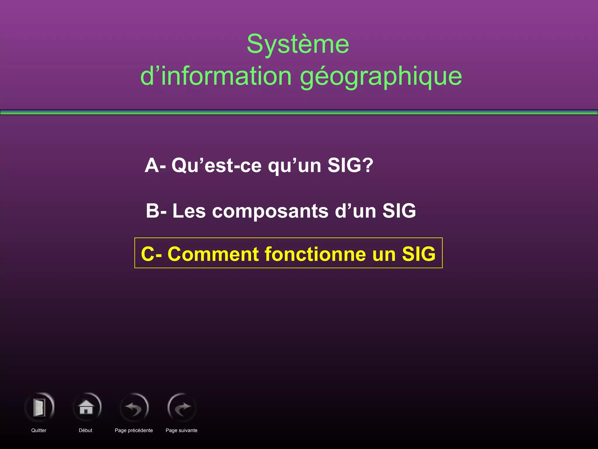 Page précédenteDébutQuitter Page suivante
A- Qu’est-ce qu’un SIG?
B- Les composants d’un SIG
C- Comment fonctionne un SIG
Système
d’information géographique
 