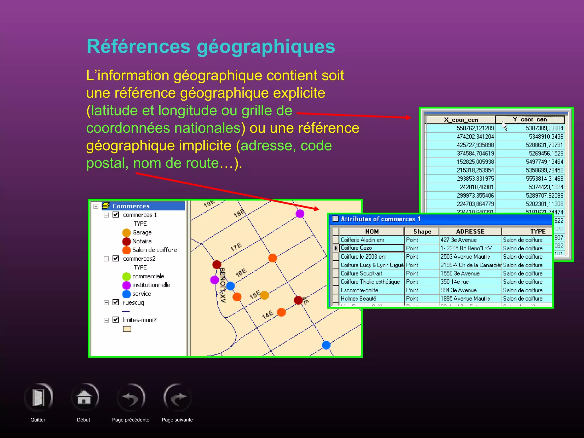 Page précédenteDébutQuitter Page suivante
Références géographiques
L’information géographique contient soit
une référence géographique explicite
(latitude et longitude ou grille de
coordonnées nationales) ou une référence
géographique implicite (adresse, code
postal, nom de route…).
 