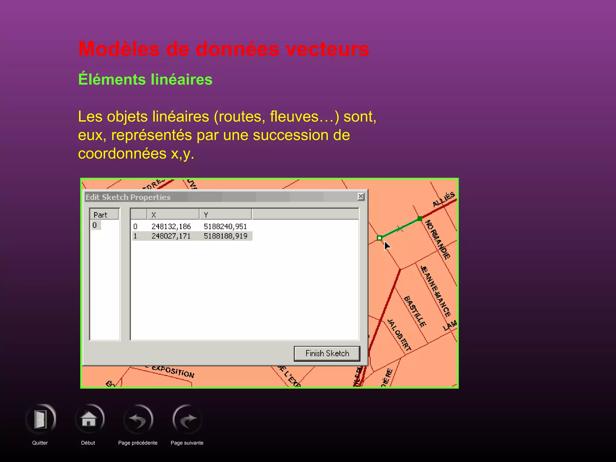 Page précédenteDébutQuitter Page suivante
Modèles de données vecteurs
Éléments linéaires
Les objets linéaires (routes, fleuves…) sont,
eux, représentés par une succession de
coordonnées x,y.
 