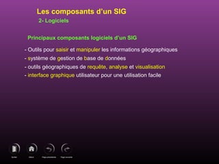 Page précédenteDébutQuitter Page suivante
Principaux composants logiciels d’un SIG
- Outils pour saisir et manipuler les informations géographiques
- système de gestion de base de données
- outils géographiques de requête, analyse et visualisation
- interface graphique utilisateur pour une utilisation facile
Les composants d’un SIG
2- Logiciels
 