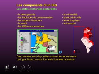 Page précédenteDébutQuitter Page suivante
Les cartes et données sectorielles
- la démographie
- les habitudes de consommation
- les aspects financiers
- la santé
- les télécommunications
- la criminalité
- la sécurité civile
- les entreprises
- le transport
Ces données sont disponibles suivant le cas en format
cartographique ou sous forme de données tabulaires.
Les composants d’un SIG
Jendouba
Tunis
Ben Arous
Zagouhan
SilanaLe Kef
Sousse
Kairouan
Kasserine
Mahdia
Sidi Bouzid
Gafsa
Tozeur
Gabes
Kebili
Tataouine
Mednine
Sfax
Monastir
Nabeul
Bizerte
Béja
Ariana
Population 1994
89038 - 142937
142938 - 334084
334085 - 435075
435076 - 579864
579865 - 890092
N
EW
S
Population 1994
 