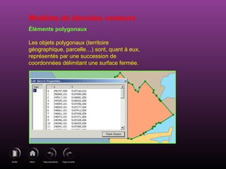 Page précédenteDébutQuitter Page suivante
Modèles de données vecteurs
Éléments polygonaux
Les objets polygonaux (territoire
géographique, parcelle…) sont, quant à eux,
représentés par une succession de
coordonnées délimitant une surface fermée.
 