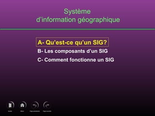 Page précédenteDébutQuitter Page suivante
A- Qu’est-ce qu’un SIG?
B- Les composants d’un SIG
C- Comment fonctionne un SIG
Système
d’information géographique
 